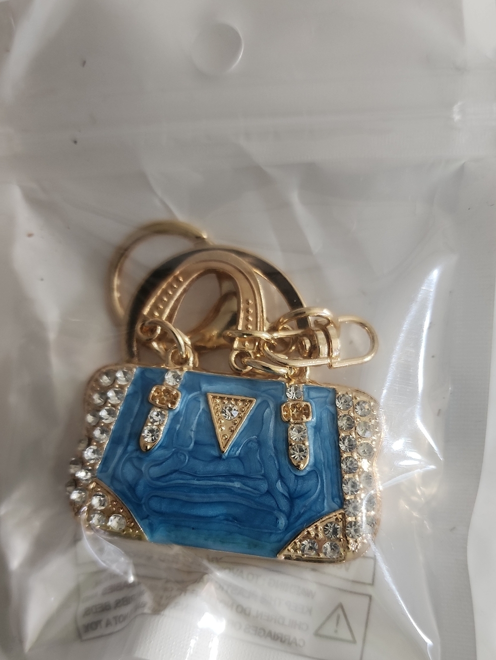 Gold-Tone Blue Handbag Charm Keychain Bagcharm with Crystals